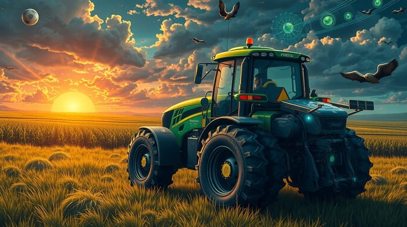 Tractor agrícola ecológico con motor de biocombustible trabajando en cultivo sostenible