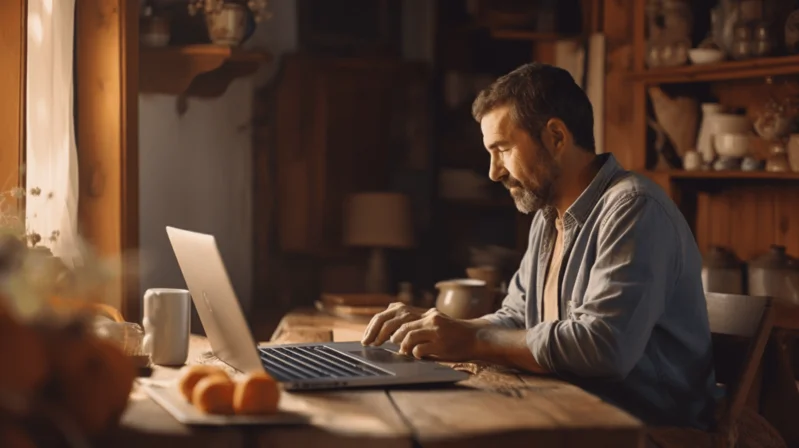 Agricultor usando su computadora para agendar una reunión virtual o presencial relacionada con su actividad agrícola