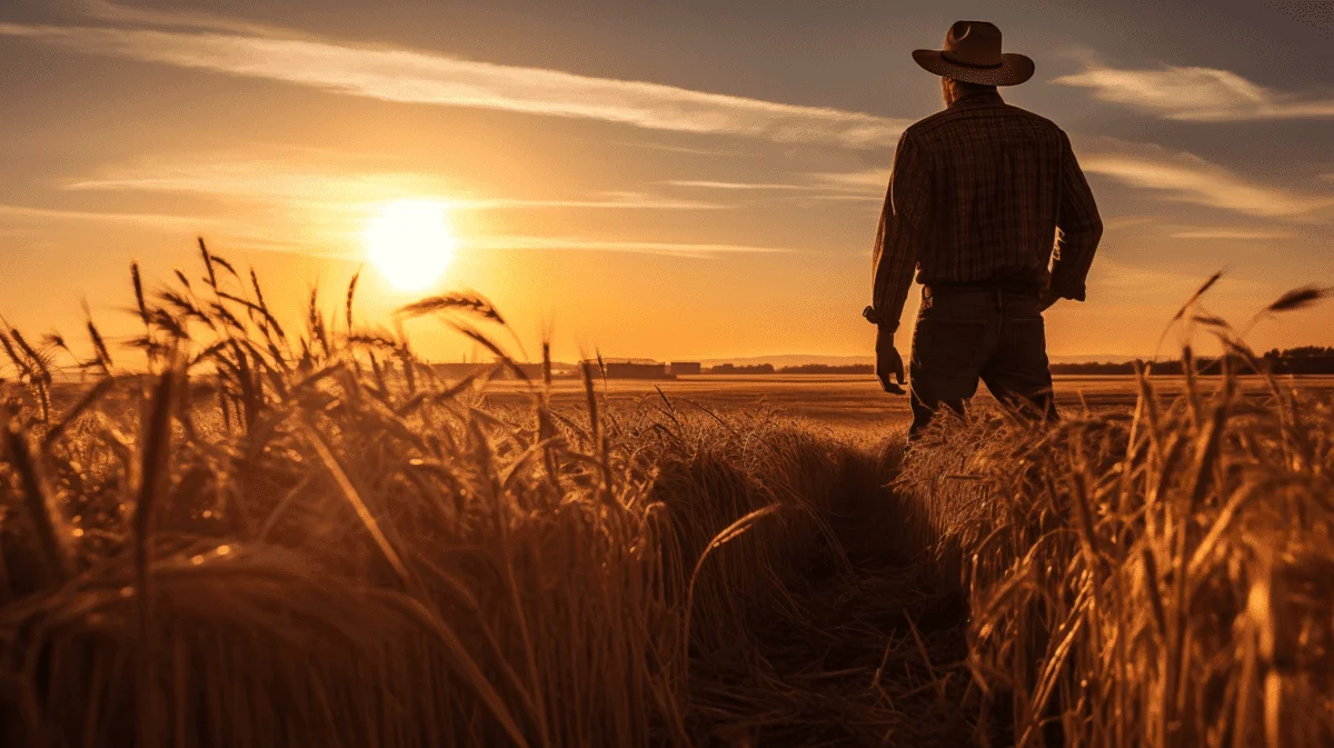 Agricultores de pie en el campo junto a una cosecha abundante, reflejando éxito y satisfacción agrícola