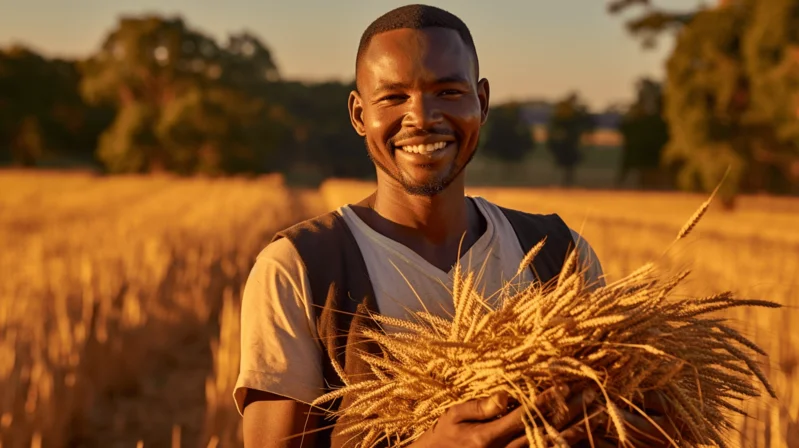 Agricultores sonriendo junto a su cosecha, celebrando una temporada agrícola exitosa