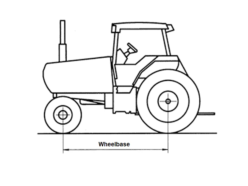 Diagrama técnico que muestra la distancia entre ejes de un tractor agrícola con medidas señaladas