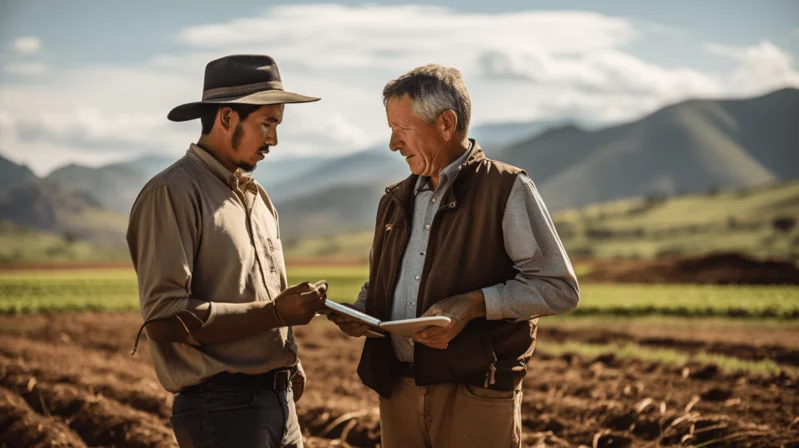 Dos personas conversando en un campo agrícola sobre modelos de tractores y sus aplicaciones prácticas