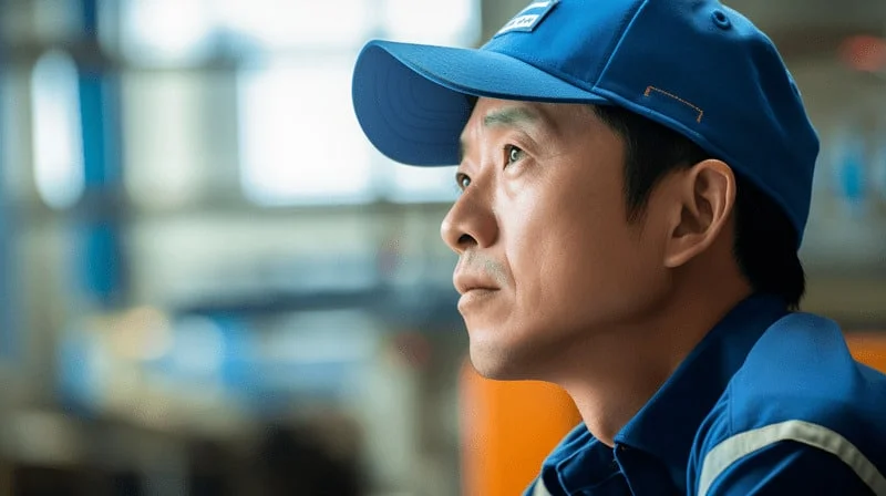 Inspector de calidad de tractores Cropilots con gorra azul revisando componentes mecánicos en planta