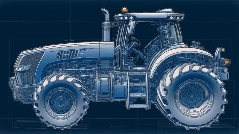 Plano técnico detallado de un tractor agrícola, con vistas laterales, frontales y dimensiones mecánicas