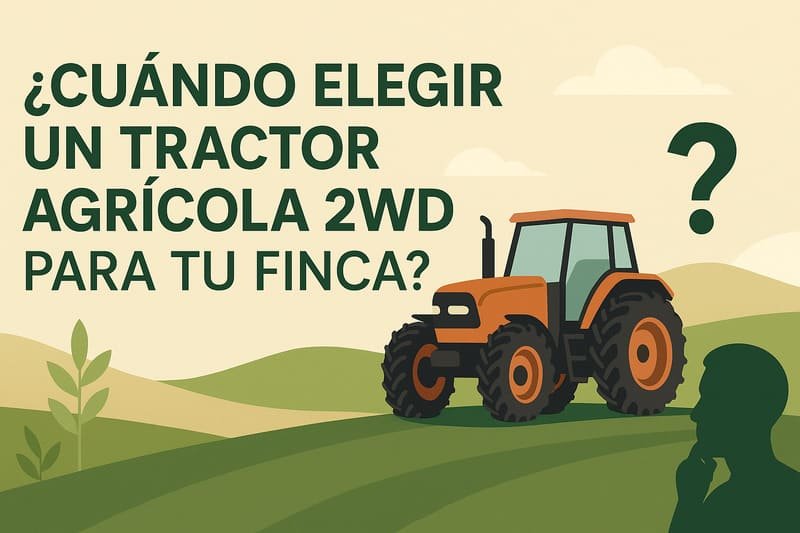 Ilustración de tractor 2WD ideal para agricultura en venta, vista lateral, fondo blanco, maquinaria agrícola moderna.