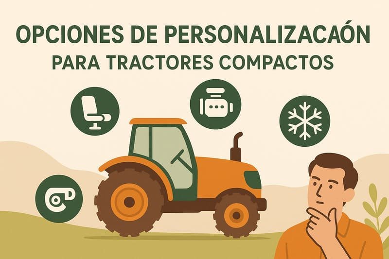 Opciones de personalización para tractores compactos ilustradas con accesorios y herramientas agrícolas.