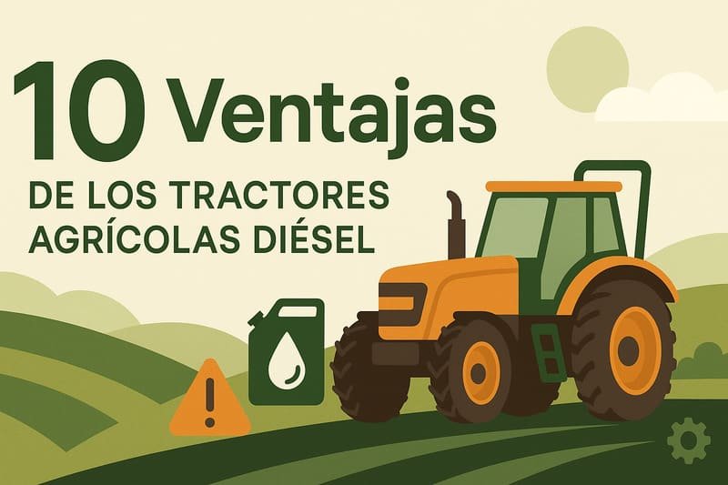 Ilustración mostrando ventajas de usar tractor diésel en agricultura moderna, eficiencia y ahorro energético.