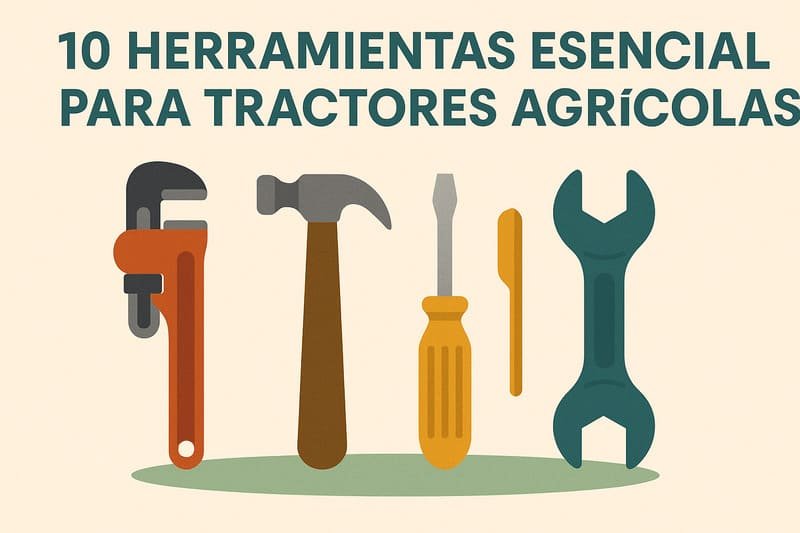 Ilustración de herramientas esenciales para tractores agrícolas, incluyendo llaves, destornilladores y lubricantes.