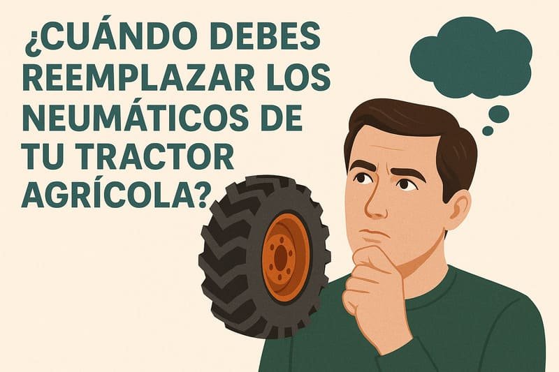 Ilustración detallada de reemplazo de llanta de tractor en campo agrícola latinoamericano.