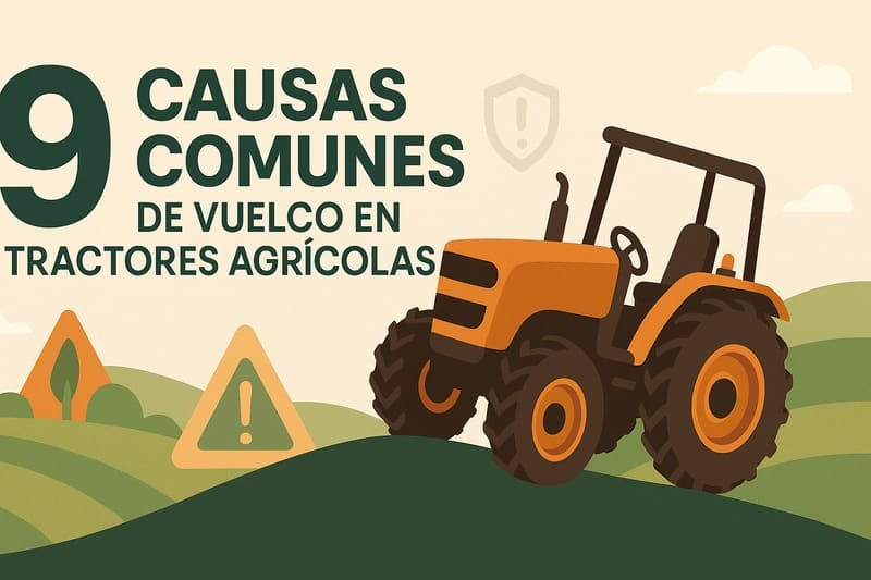 Ilustración de un tractor volcado en un campo destacando riesgos de accidentes agrícolas.