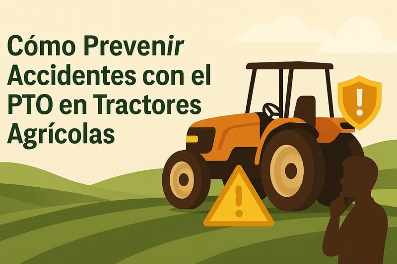 Ilustración sobre prevención de accidentes con toma de fuerza agrícola mostrando medidas de seguridad clave.