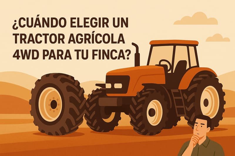 Ilustración de tractor de cuatro ruedas agrícola apto para uso en campos latinoamericanos.
