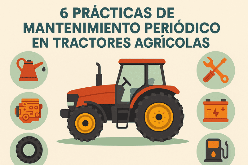 Ilustración mostrando consejos clave para el mantenimiento de tractores agrícolas.