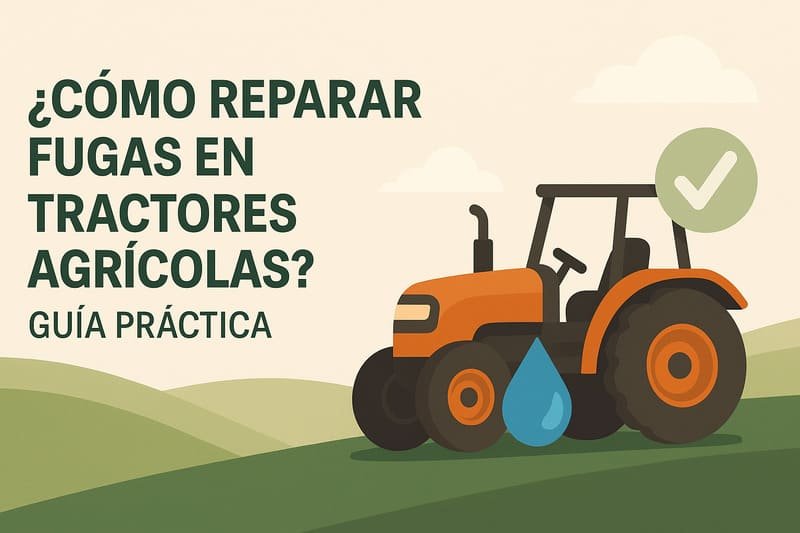 Ilustración de fuga de fluido hidráulico en tractor agrícola sobre campo de cultivo.