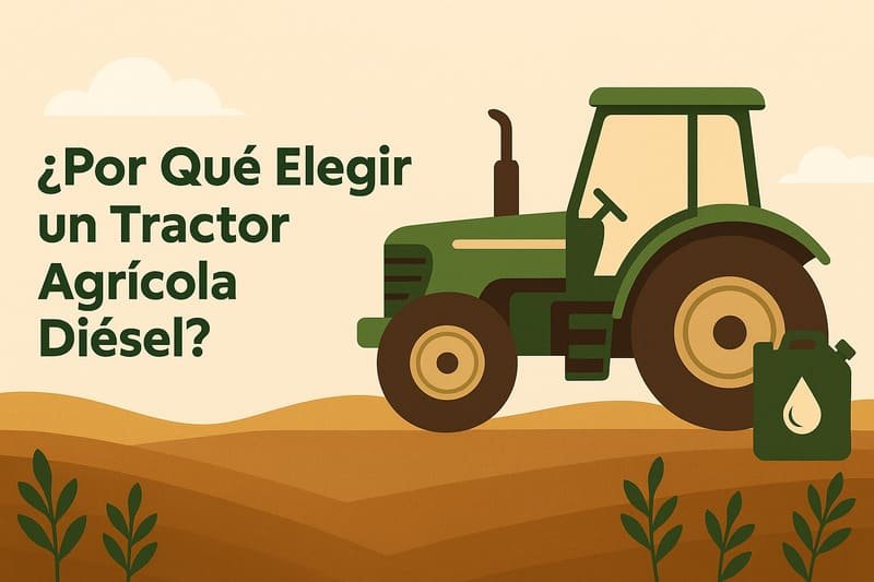 Ilustración de tractor agrícola diésel en campo, maquinaria moderna, agricultura sostenible, Latinoamérica.