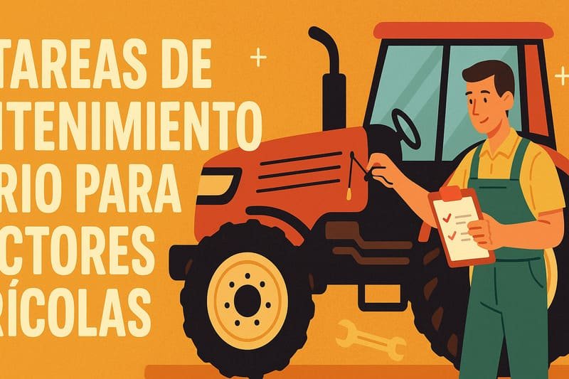 Ilustración de mantenimiento diario de tractor agrícola mostrando chequeos esenciales y limpieza.