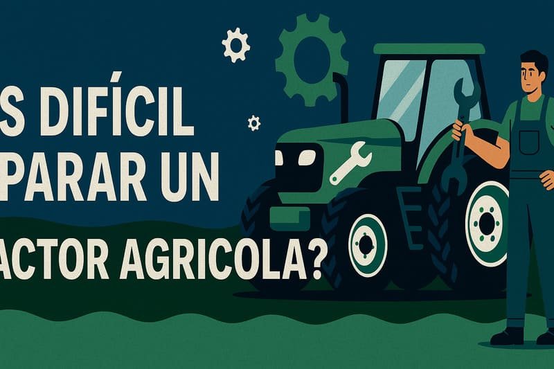 Ilustración detallada de mantenimiento de tractor agrícola mostrando revisión de motor y piezas clave.