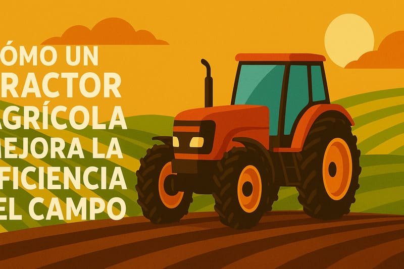 Ilustración de un tractor agrícola moderno sobre un campo, maquinaria esencial para labores de agricultura.