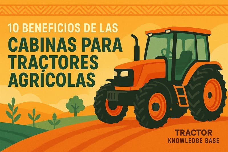 Ilustración mostrando las ventajas de la cabina del tractor, protección y comodidad para operadores agrícolas.
