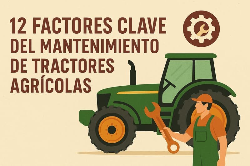 Ilustración colorida de mantenimiento de tractor agrícola en campo, herramienta y mecánico trabajando, maquinaria agrícola.